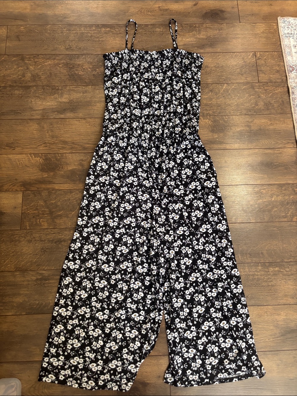 Maurices Black and White Floral Jumpsuit Romper with Pockets
